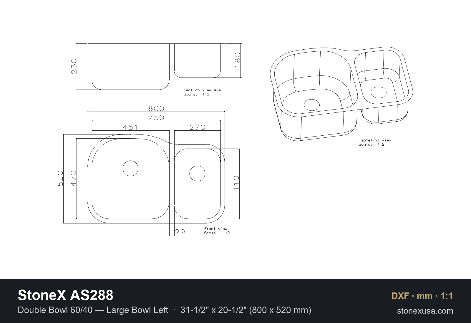 DXF drawing of the StoneX AS288 Double Bowl 60/40 — Large Bowl Left, 31-1/2" x 20-1/2" (800 x 520 mm)