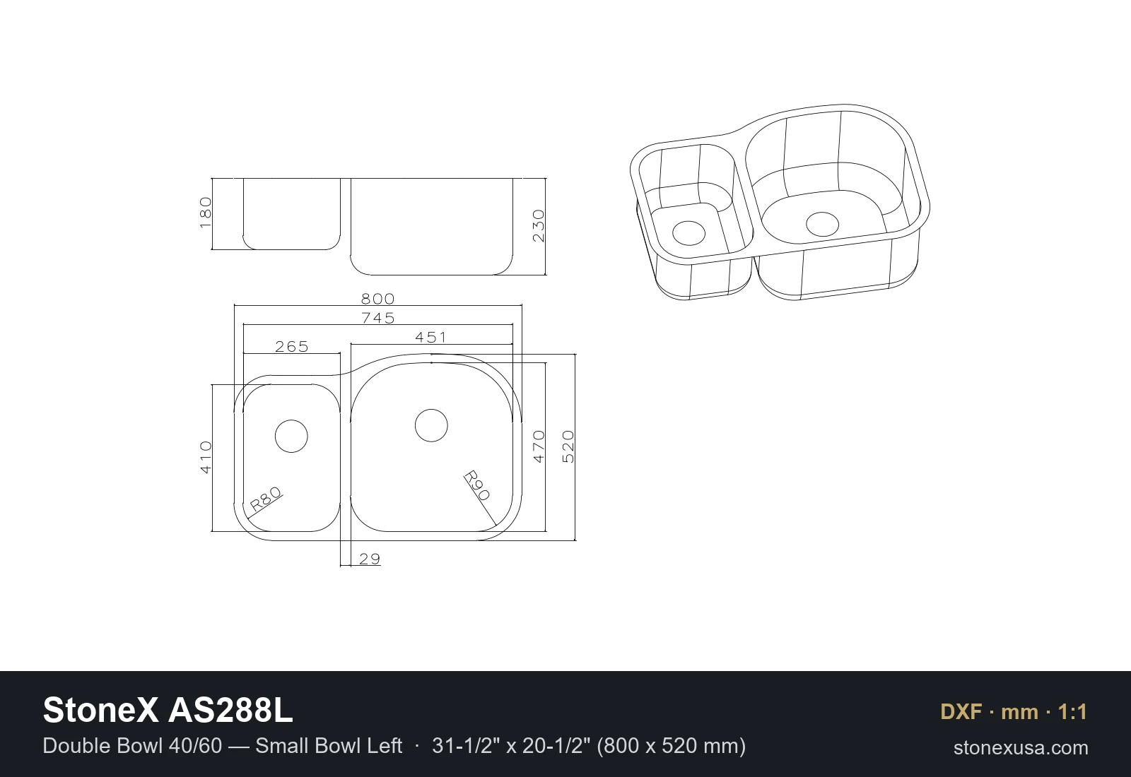 DXF drawing of the StoneX AS288L Double Bowl 40/60 — Small Bowl Left, 31-1/2" x 20-1/2" (800 x 520 mm)