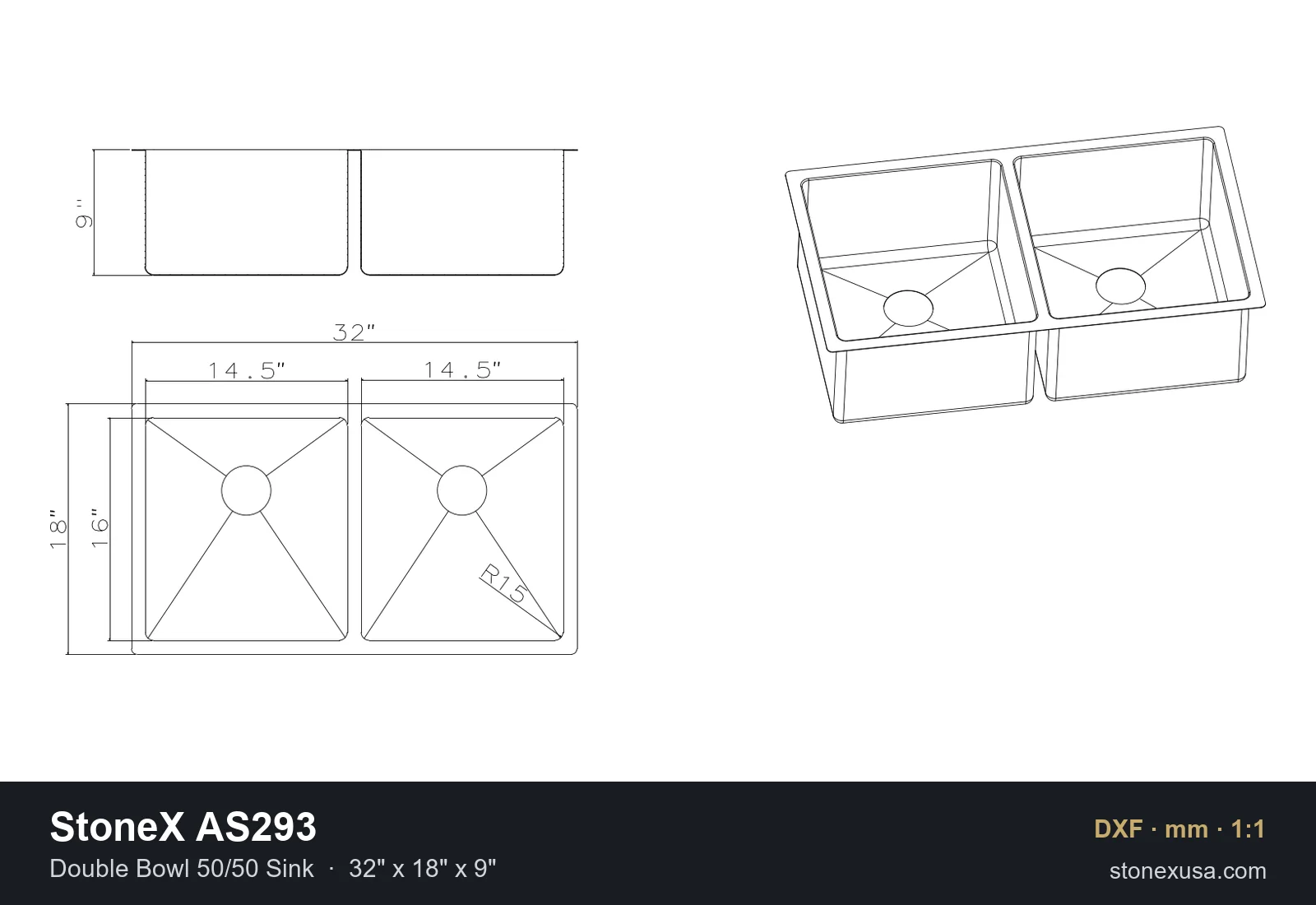 DXF drawing of the StoneX AS293 Double Bowl 50/50 Sink, 32" x 18" x 9"