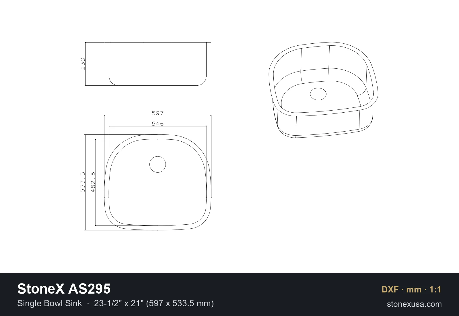 DXF drawing of the StoneX AS295 Single Bowl Sink, 23-1/2" x 21" (597 x 533.5 mm)