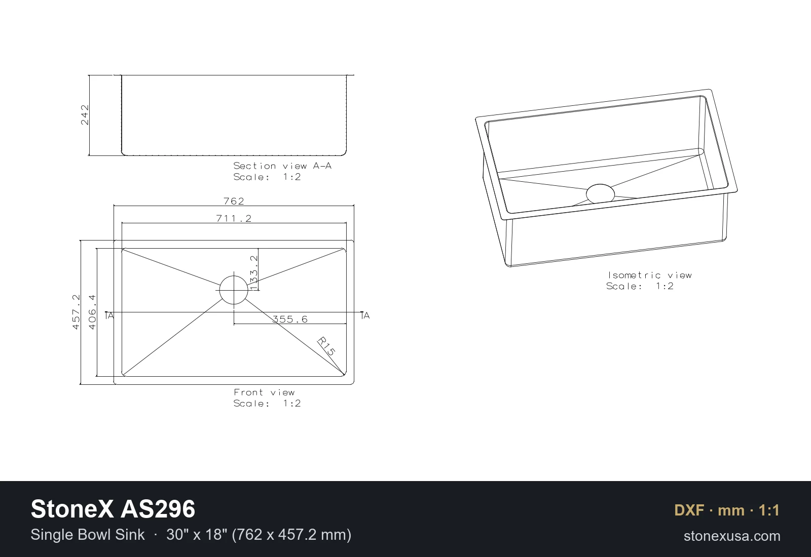 DXF drawing of the StoneX AS296 Single Bowl Sink, 30" x 18" (762 x 457.2 mm)