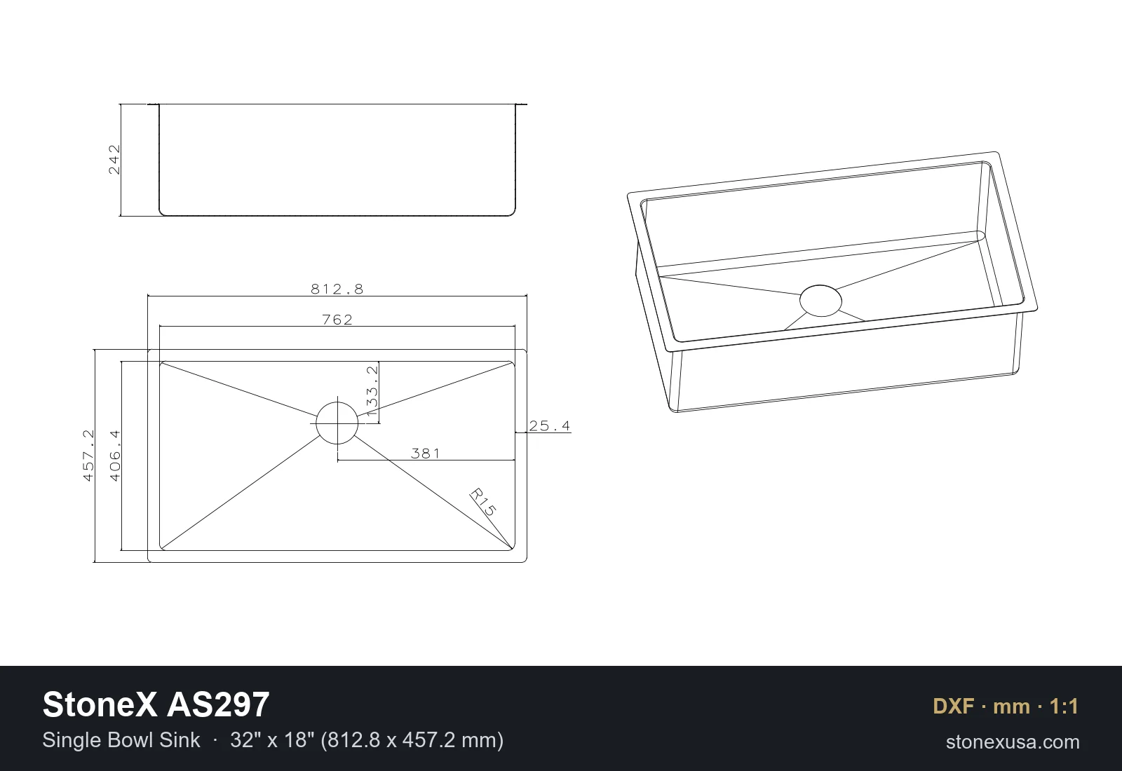 DXF drawing of the StoneX AS297 Single Bowl Sink, 32" x 18" (812.8 x 457.2 mm)
