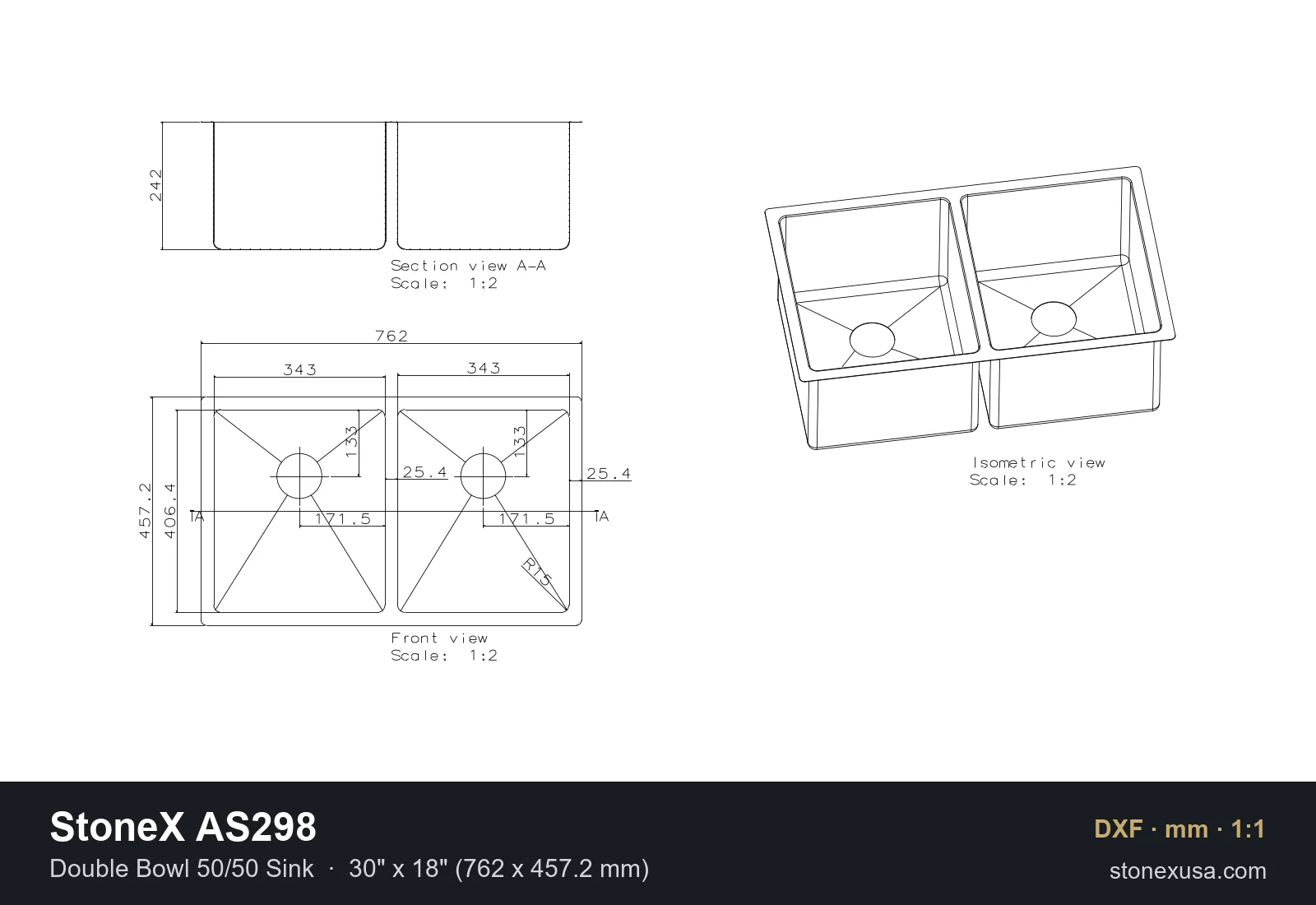 DXF drawing of the StoneX AS298 Double Bowl 50/50 Sink, 30" x 18" (762 x 457.2 mm)