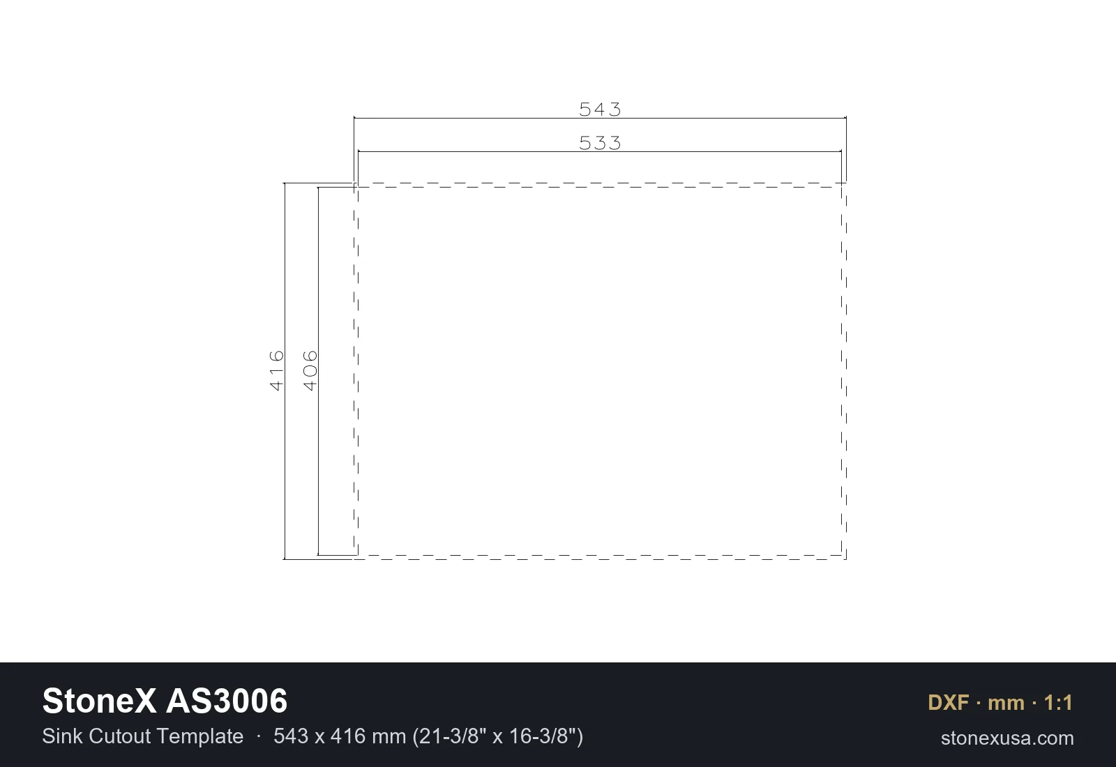 DXF drawing of the StoneX AS3006 Sink Cutout Template, 543 x 416 mm (21-3/8" x 16-3/8")