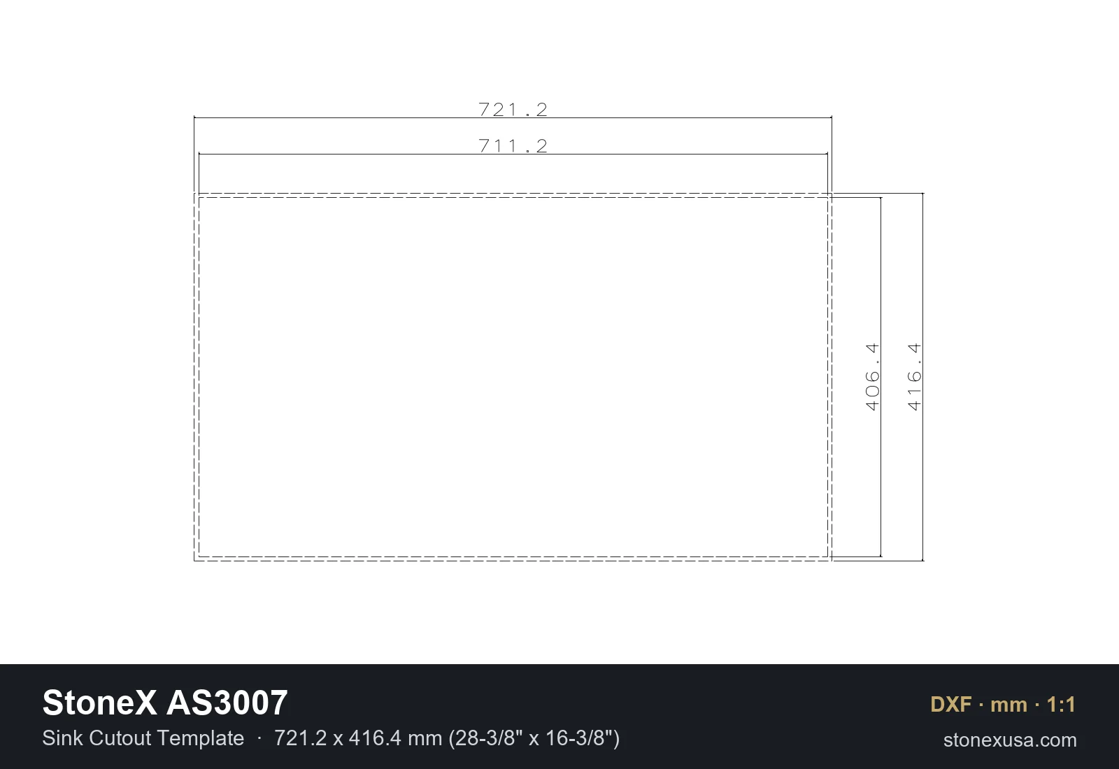 DXF drawing of the StoneX AS3007 Sink Cutout Template, 721.2 x 416.4 mm (28-3/8" x 16-3/8")