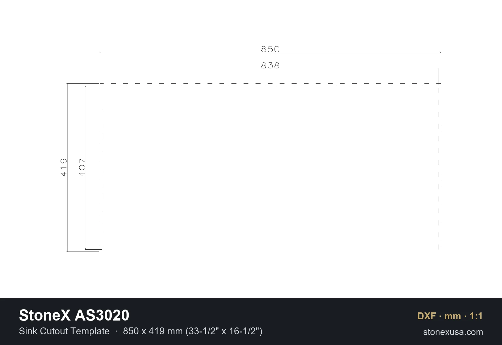 DXF drawing of the StoneX AS3020 Sink Cutout Template, 850 x 419 mm (33-1/2" x 16-1/2")
