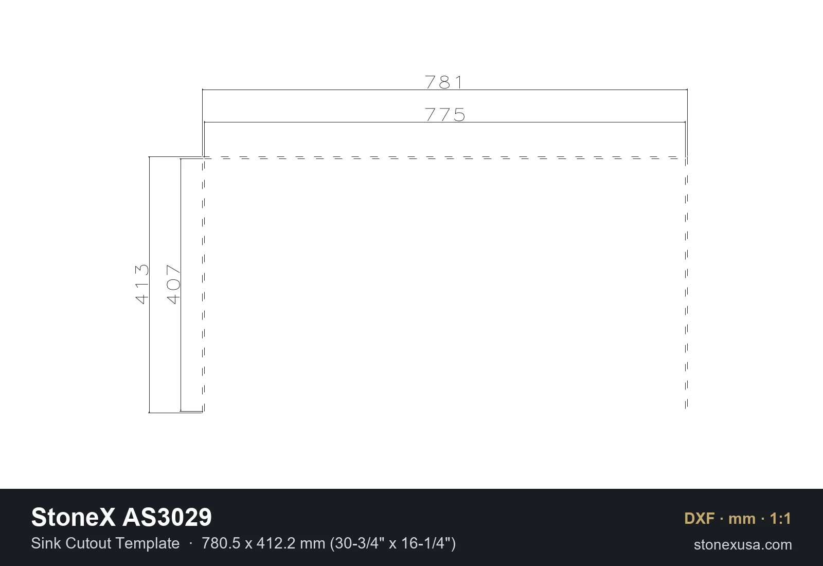 DXF drawing of the StoneX AS3029 Sink Cutout Template, 780.5 x 412.2 mm (30-3/4" x 16-1/4")