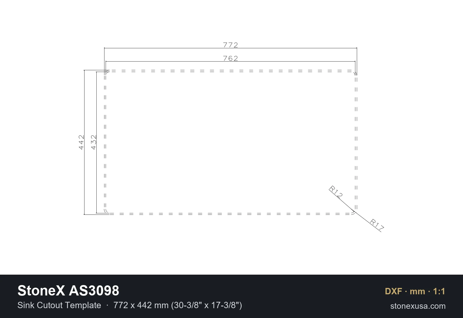 DXF drawing of the StoneX AS3098 Sink Cutout Template, 772 x 442 mm (30-3/8" x 17-3/8")