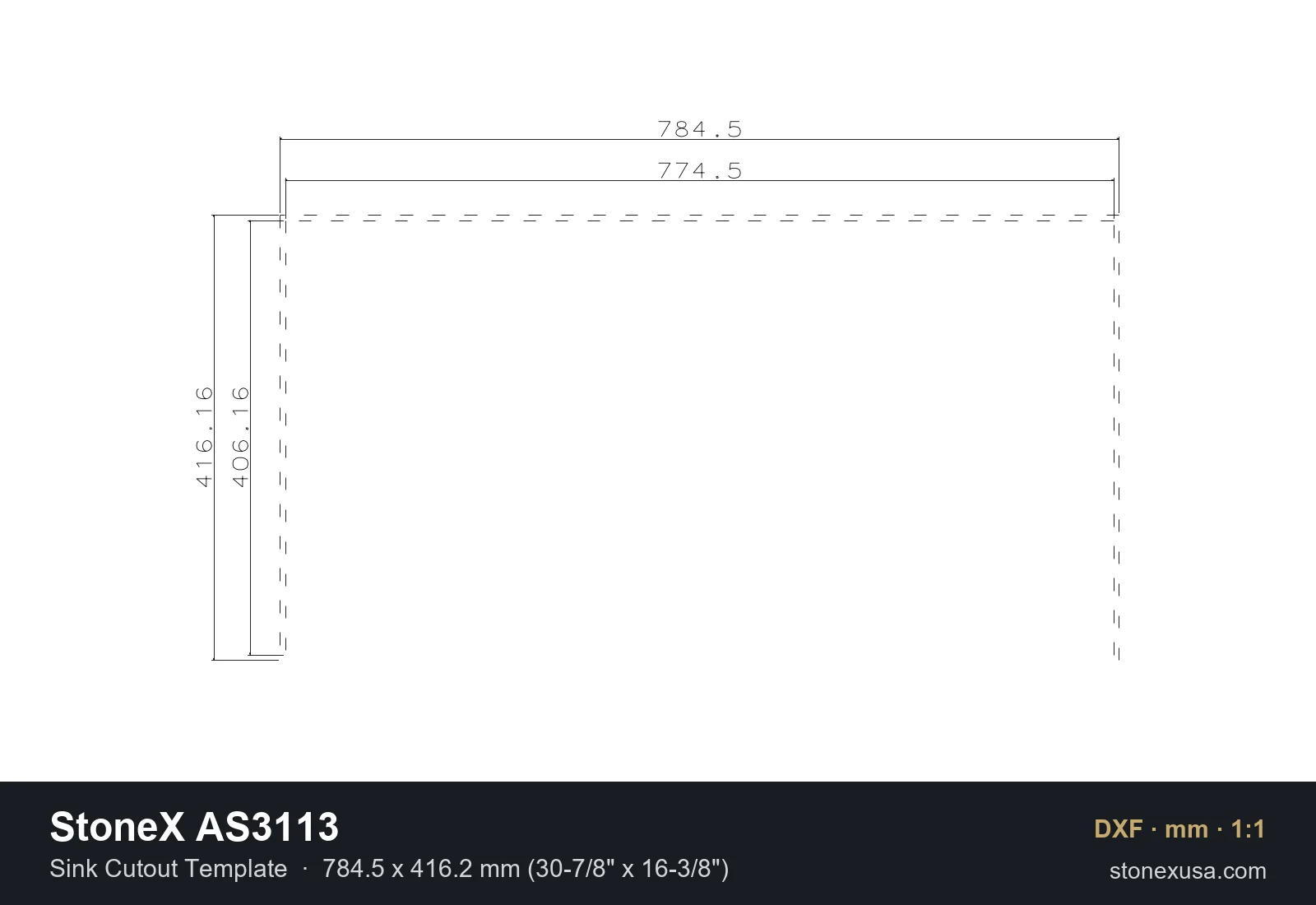 DXF drawing of the StoneX AS3113 Sink Cutout Template, 784.5 x 416.2 mm (30-7/8" x 16-3/8")