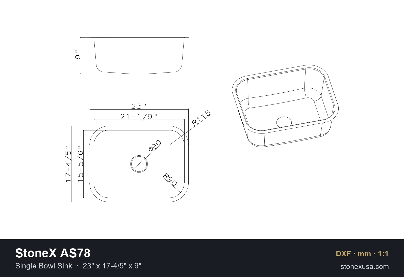 DXF drawing of the StoneX AS78 Single Bowl Sink, 23" x 17-4/5" x 9"