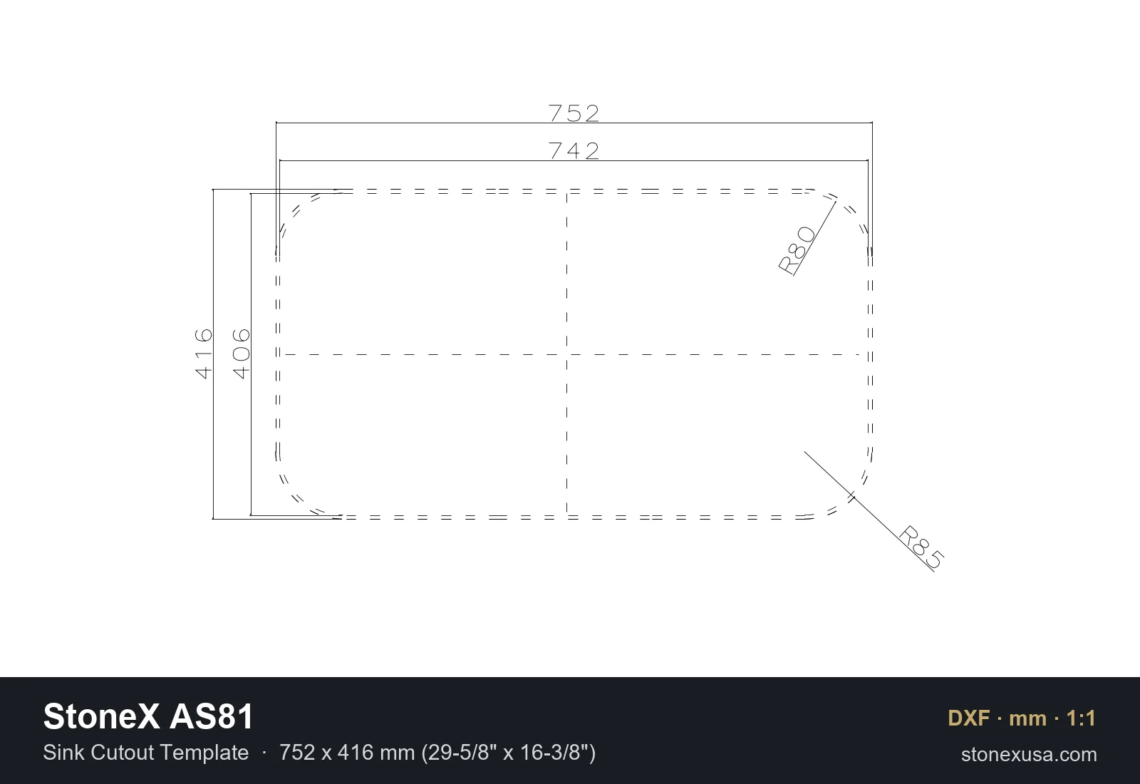 DXF drawing of the StoneX AS81 Sink Cutout Template, 752 x 416 mm (29-5/8" x 16-3/8")