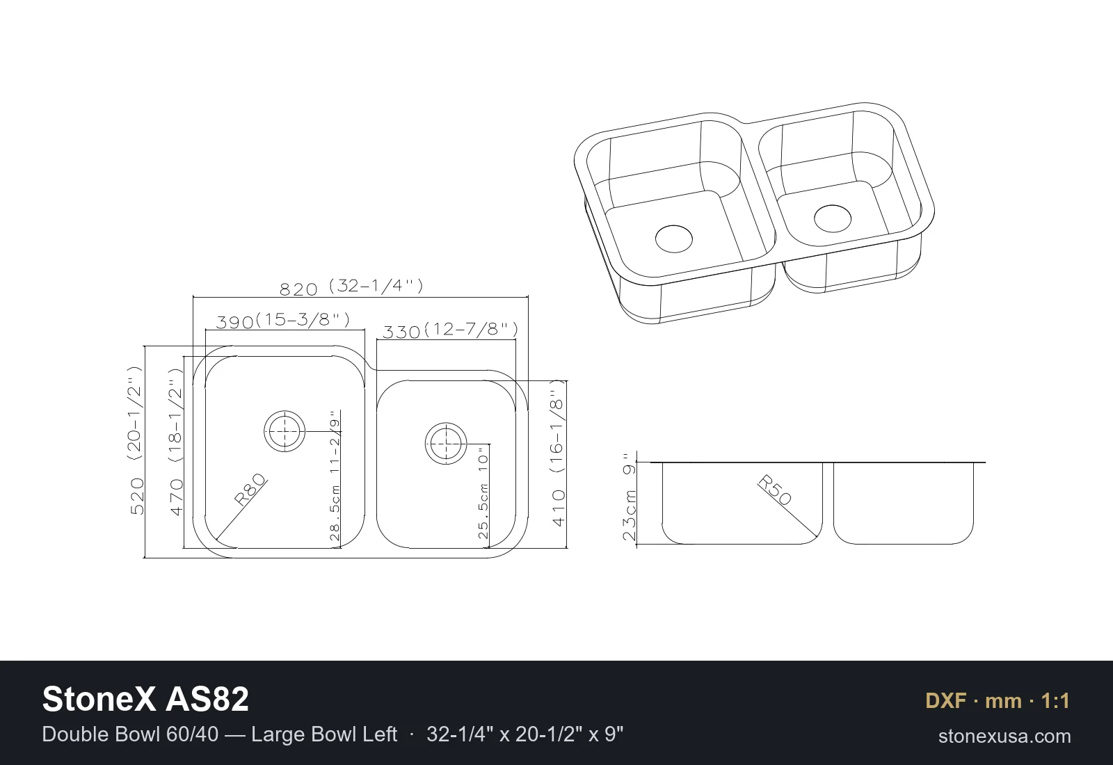 DXF drawing of the StoneX AS82 Double Bowl 60/40 — Large Bowl Left, 32-1/4" x 20-1/2" x 9"