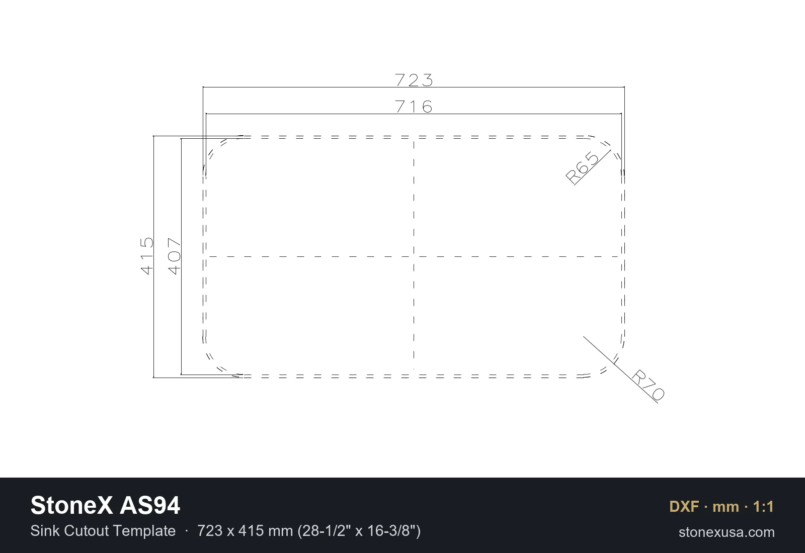DXF drawing of the StoneX AS94 Sink Cutout Template, 723 x 415 mm (28-1/2" x 16-3/8")