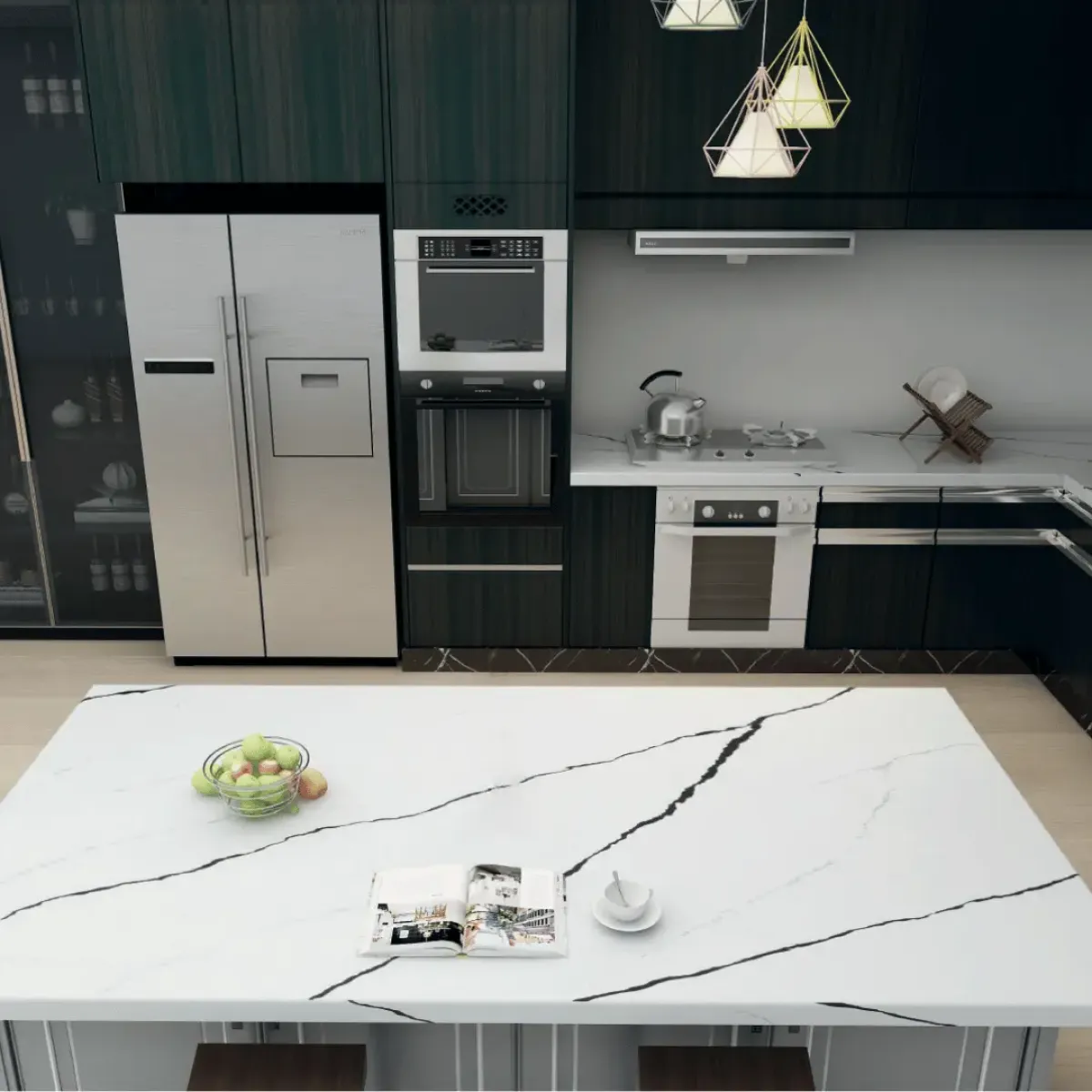 Calacatta Rainforest Black Quartz Stone engineered quartz slab, veining detail, StoneX USA slab gallery near Milwaukee