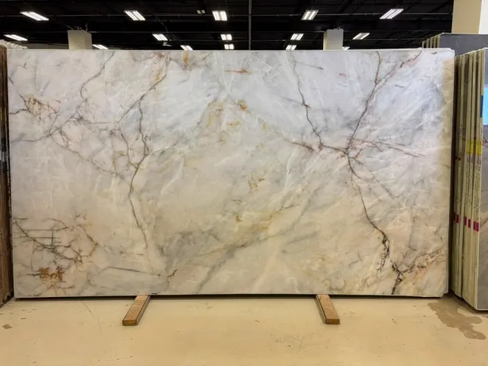 Cristallo Angelus Polished Quartzite slab, white quartzite with polished finish, full slab at StoneX USA, West Allis, WI near Milwaukee