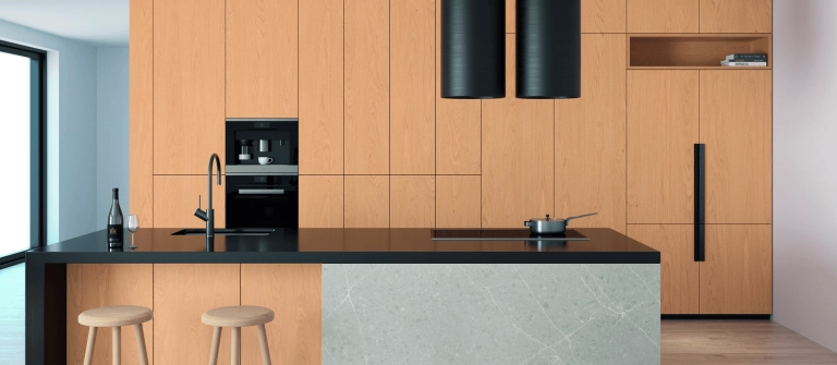 Absolute Black polished engineered quartz slab, the same colour as our leathered version, at StoneX USA in West Allis WI