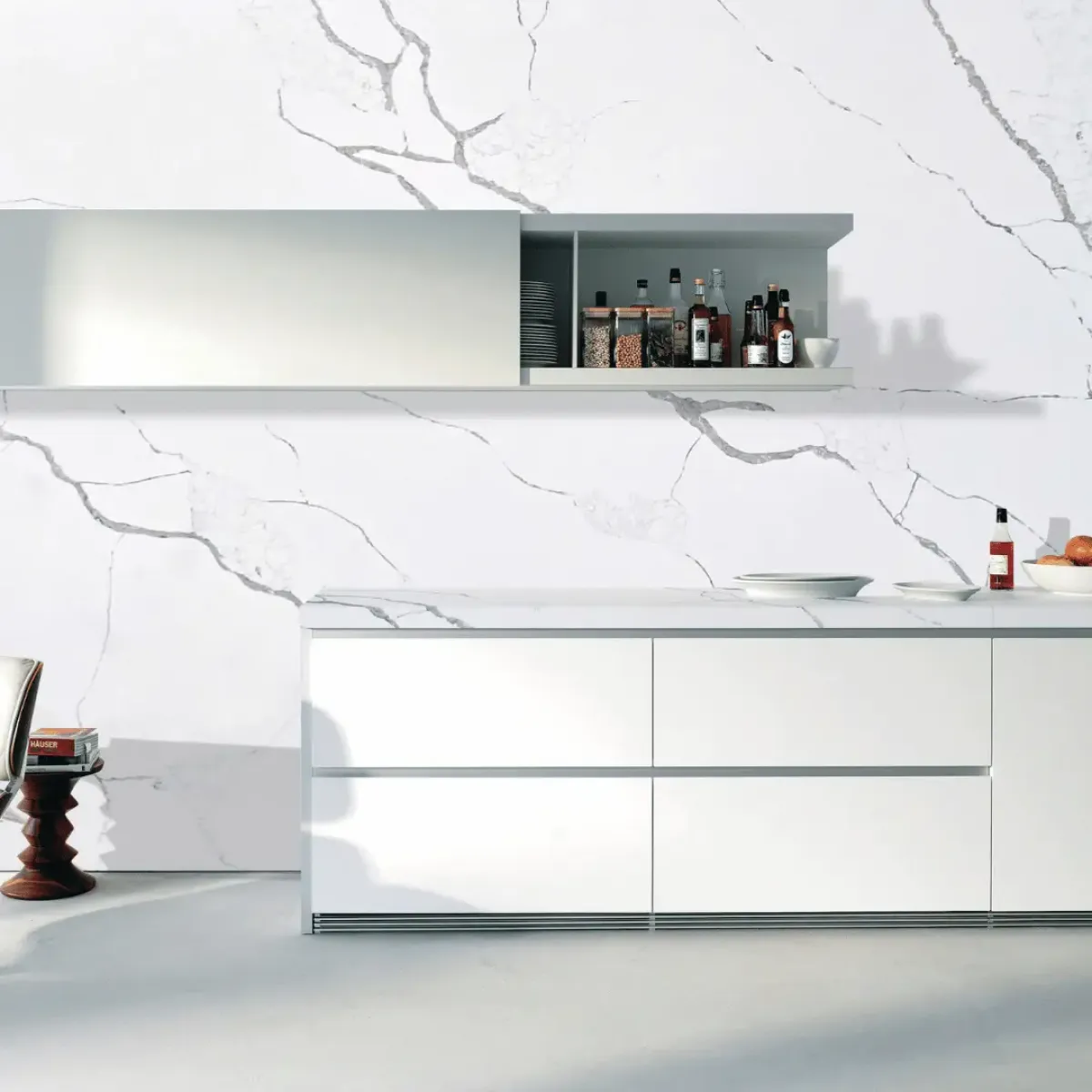 Calacatta Jasmine J Quartz Stone engineered quartz slab, veining detail, StoneX USA slab gallery near Milwaukee