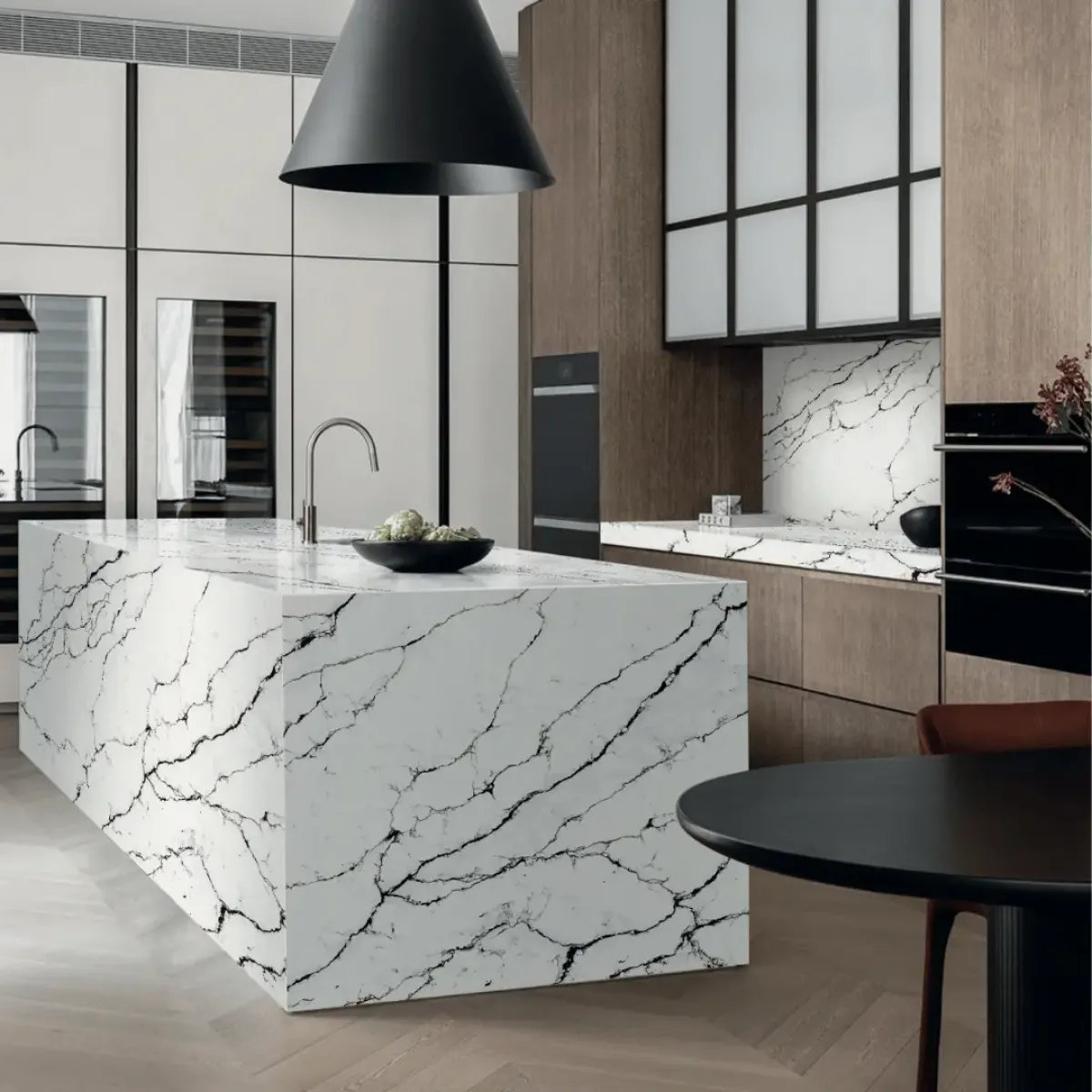 Smyrna Olive Quartz Stone engineered quartz slab, veining detail, StoneX USA slab gallery near Milwaukee