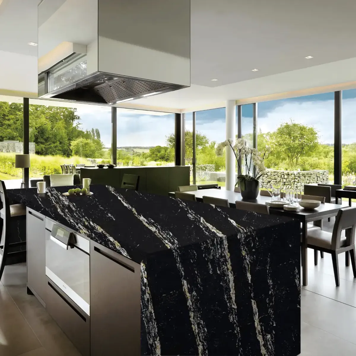 Black Royal Quartz Stone engineered quartz slab, veining detail, StoneX USA slab gallery near Milwaukee