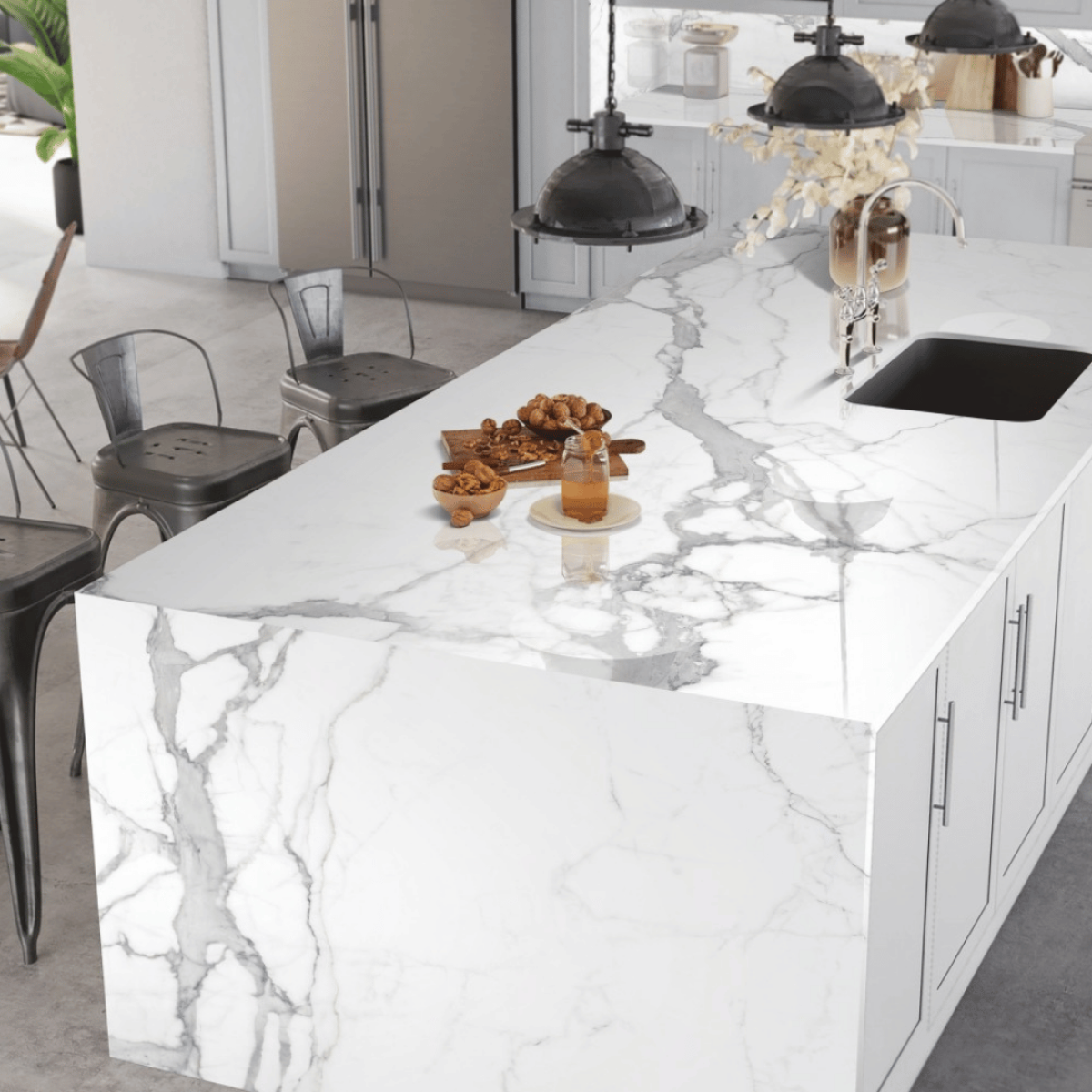 Statuario Natural porcelain slab slab, veining detail, StoneX USA slab gallery near Milwaukee