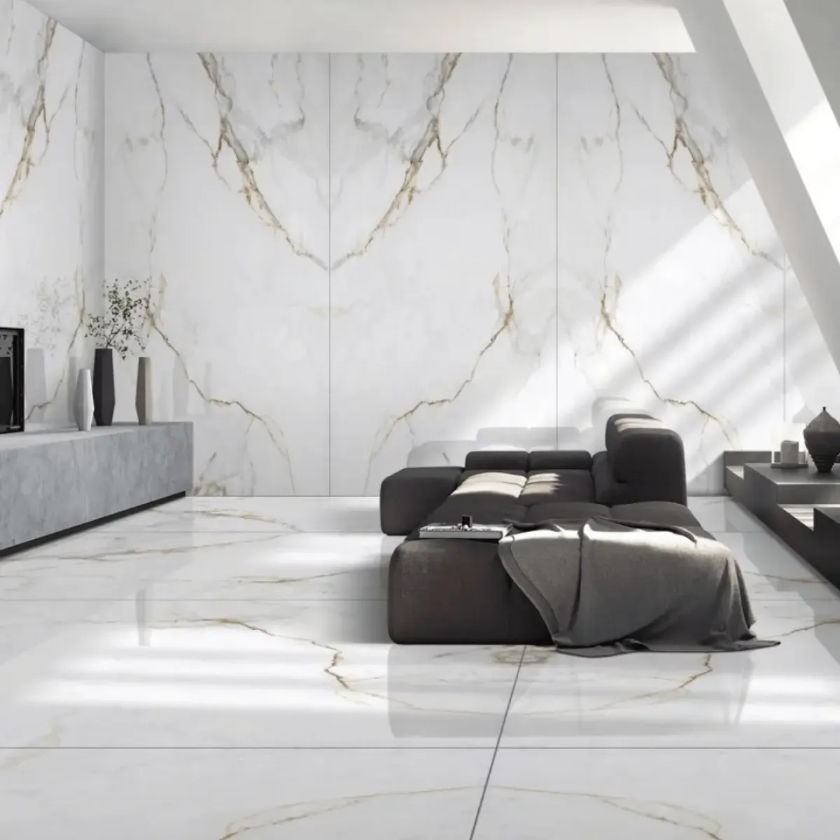 Apollo White porcelain slab, veining detail, StoneX USA slab gallery near Milwaukee
