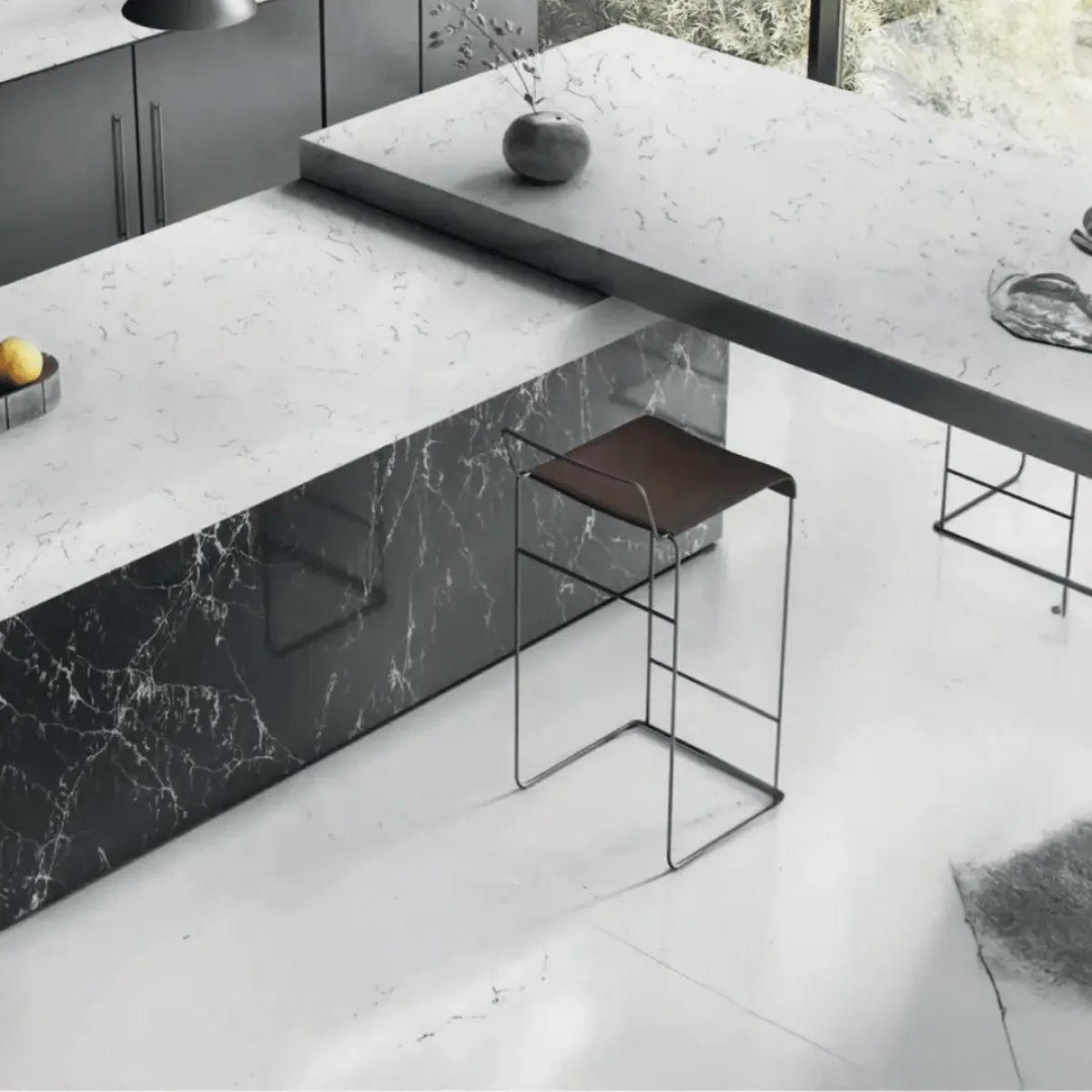 Carrara Nuova Quartz Stone engineered quartz slab, veining detail, StoneX USA slab gallery near Milwaukee
