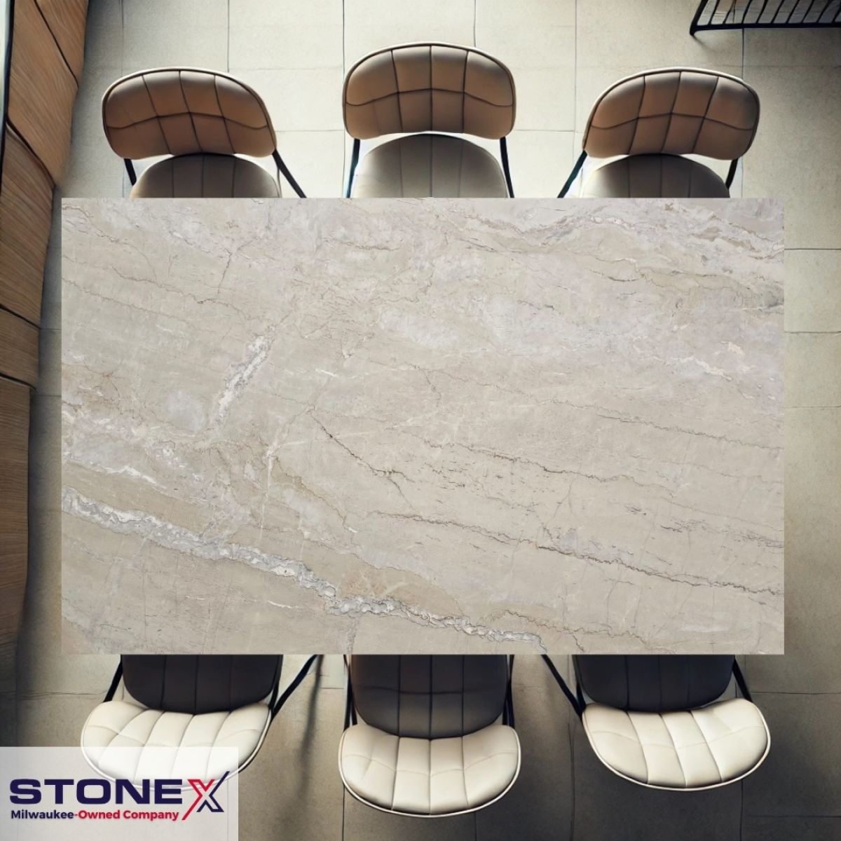 Dolce Vita White quartzite slab with honed finish, veining detail, StoneX USA slab gallery near Milwaukee