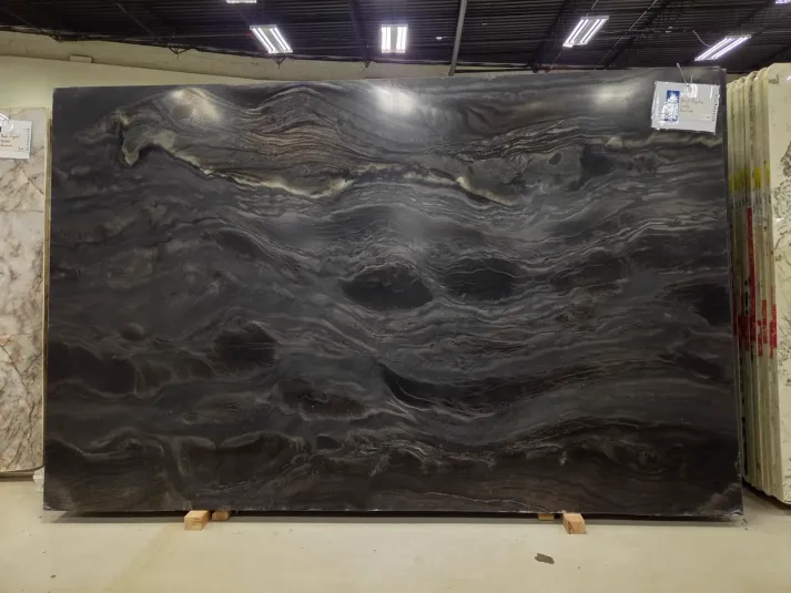 Black Phantus Leathered Quartzite slab, black quartzite with leather finish, full slab at StoneX USA, West Allis, WI near Milwaukee