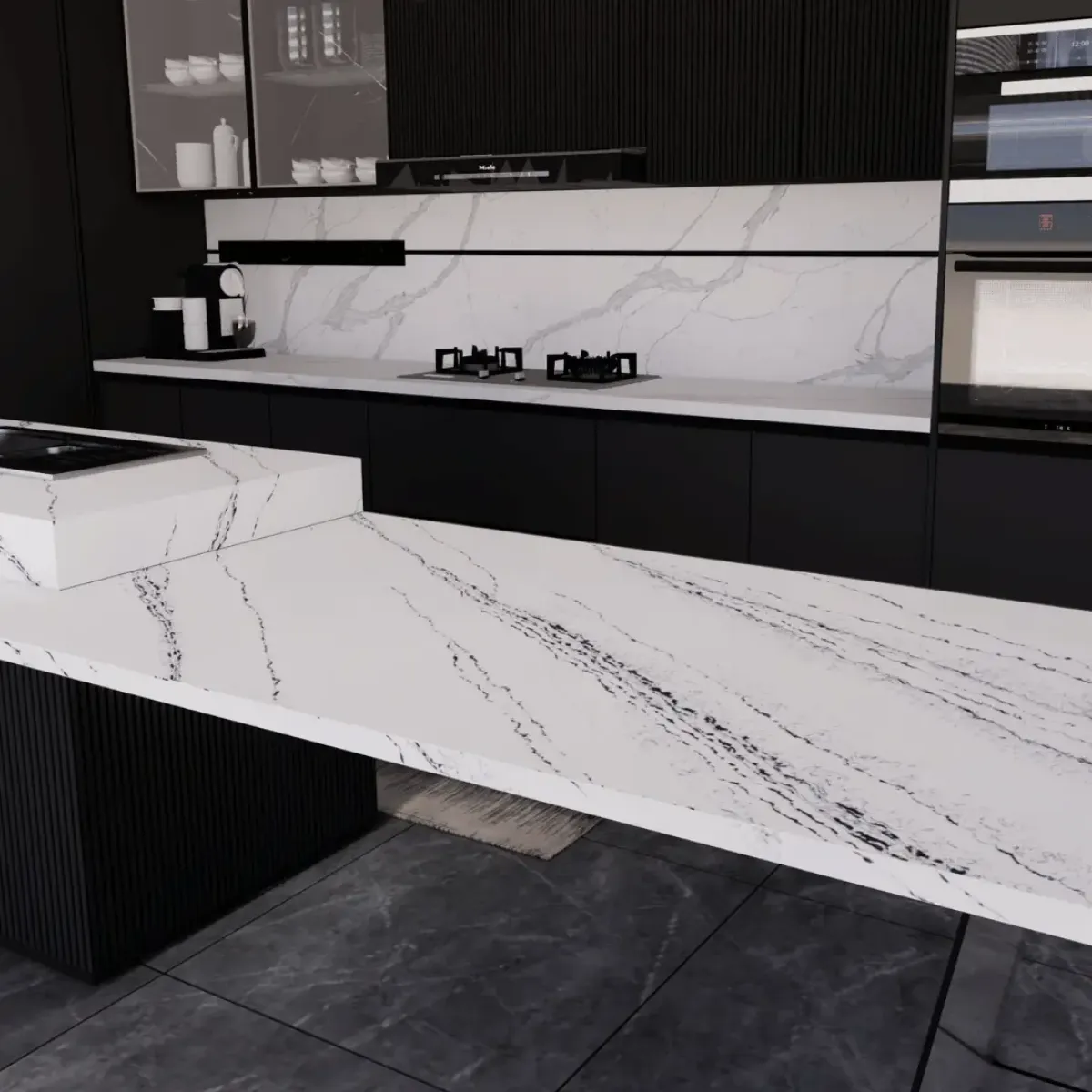 Golden Way Quartz Stone engineered quartz slab, veining detail, StoneX USA slab gallery near Milwaukee