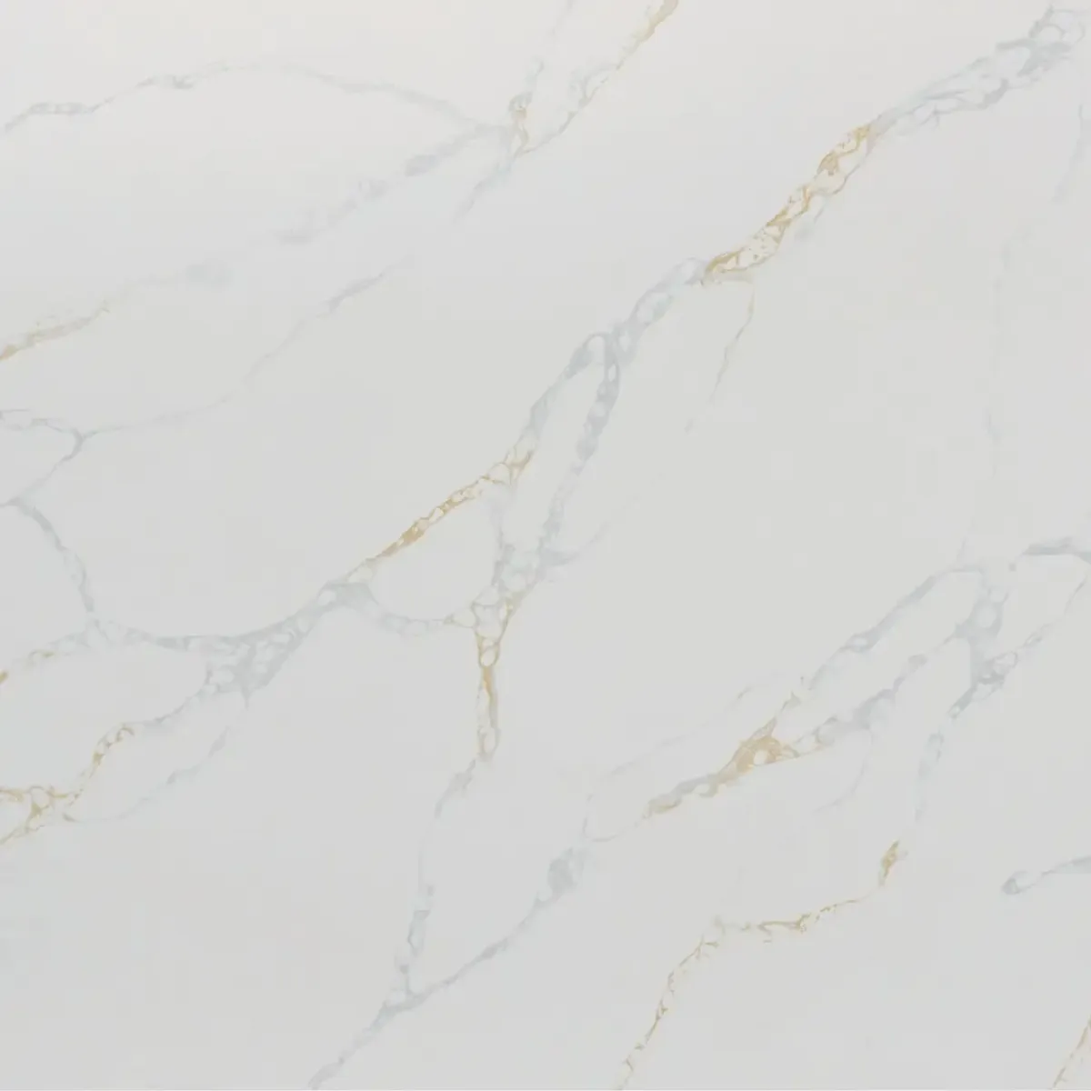 Calacatta Rocky Gold Quartz Stone engineered quartz slab, full slab on the rack at StoneX USA, West Allis WI