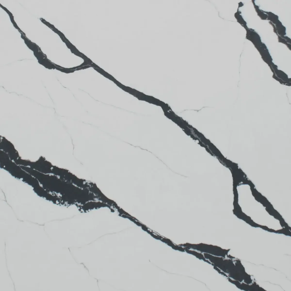 Calacatta Borghini Black Quartz Stone engineered quartz slab, full slab on the rack at StoneX USA, West Allis WI