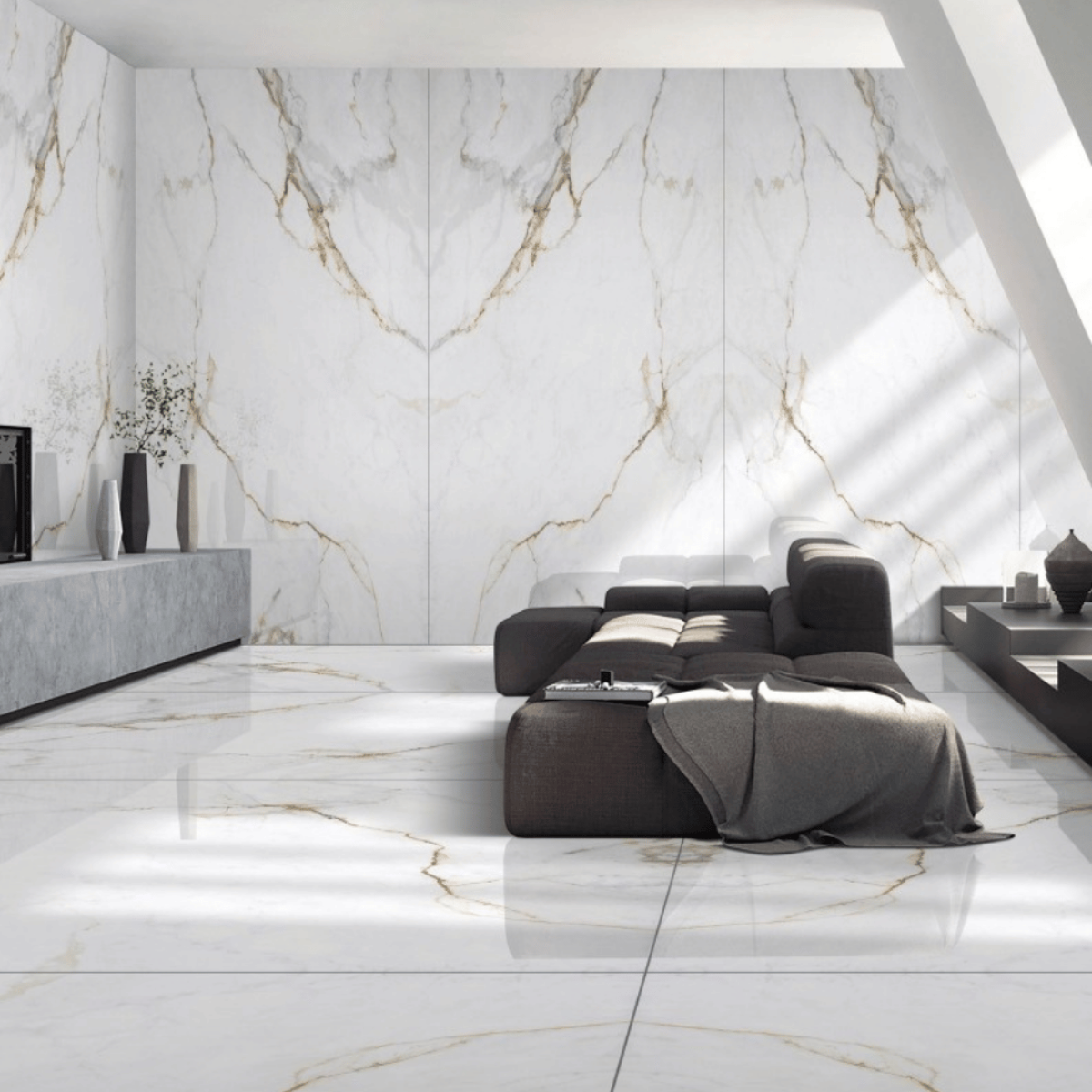 Apollo White porcelain slab slab, veining detail, StoneX USA slab gallery near Milwaukee