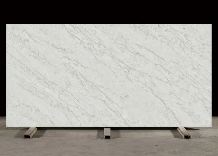Taj Elysian Leathered Quartz slab pattern, white quartz shown in the polished finish, full slab at StoneX USA, West Allis, WI near Milwaukee