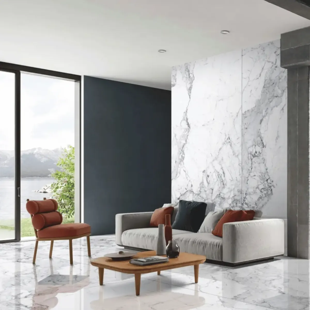 Statuario Toh porcelain slab, veining detail, StoneX USA slab gallery near Milwaukee