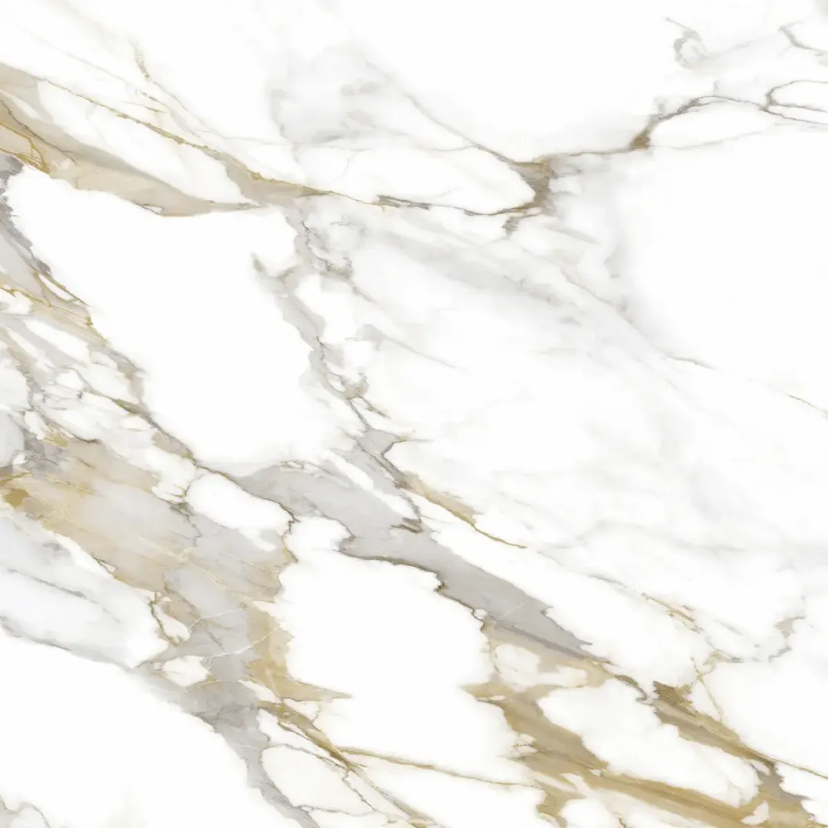 Calacatta Gold HD engineered quartz slab with warm gold veining on a white base, full slab on the rack at StoneX USA, West Allis WI