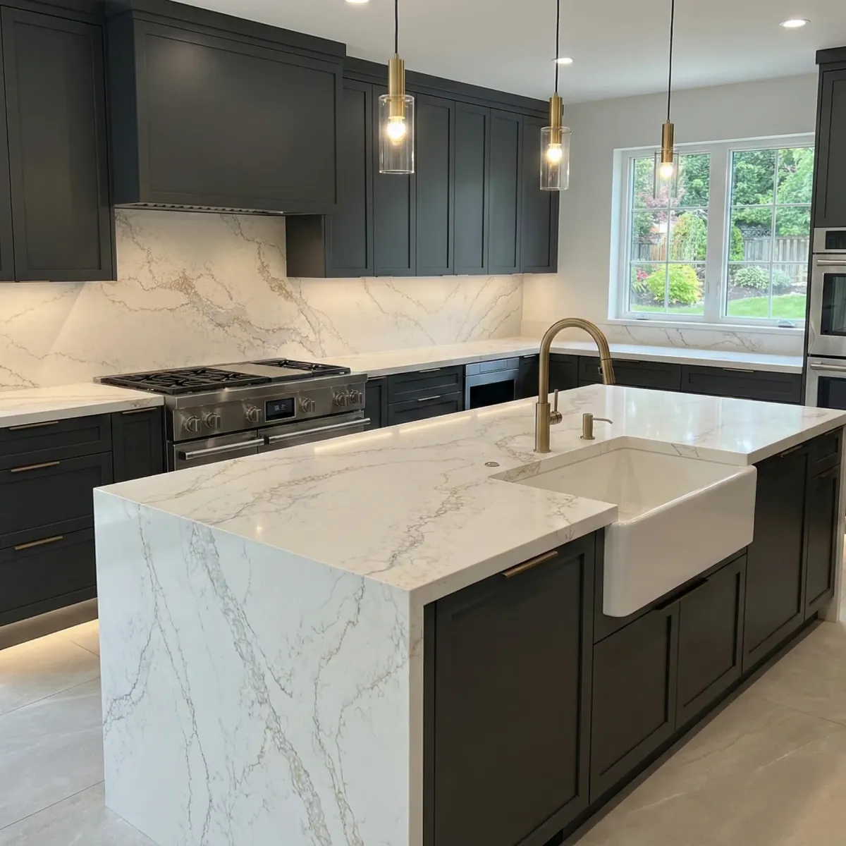 Fountain Gold Quartz Stone engineered quartz slab, veining detail, StoneX USA slab gallery near Milwaukee