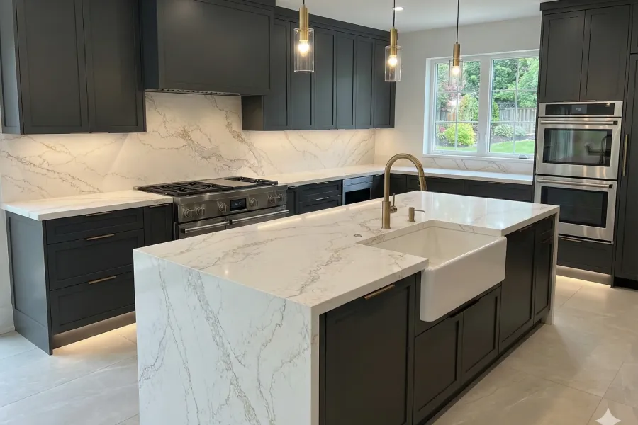 Fountain Gold Quartz Stone engineered quartz slab, veining detail, StoneX USA slab gallery near Milwaukee