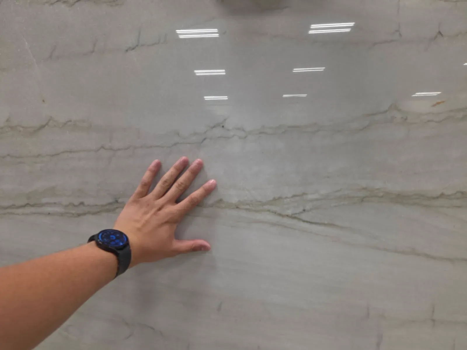 Matarazzo Polished Dolomite Quartzite slab, white quartzite with polished finish, close surface and finish detail, West Allis, WI near Milwaukee