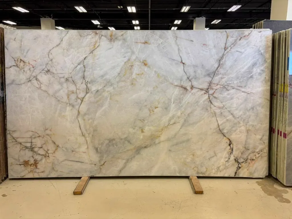 Cristallo Angelus Polished Quartzite slab, white quartzite with polished finish, full slab at StoneX USA, West Allis, WI near Milwaukee