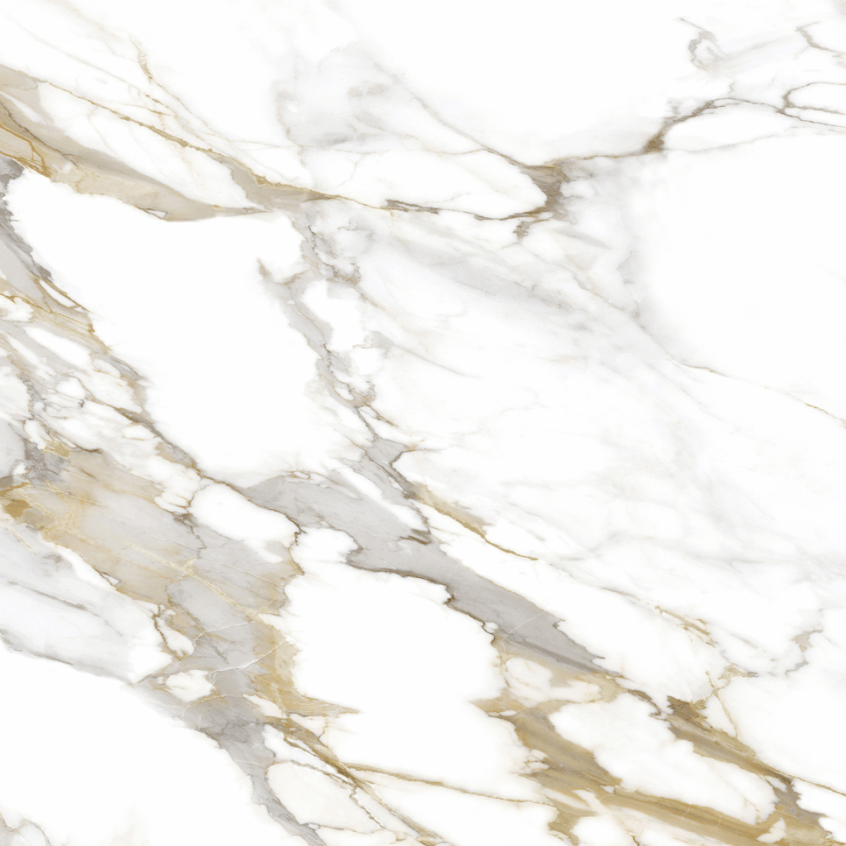Calacatta Gold HD engineered quartz slab with warm gold veining on a white base, full slab on the rack at StoneX USA, West Allis WI