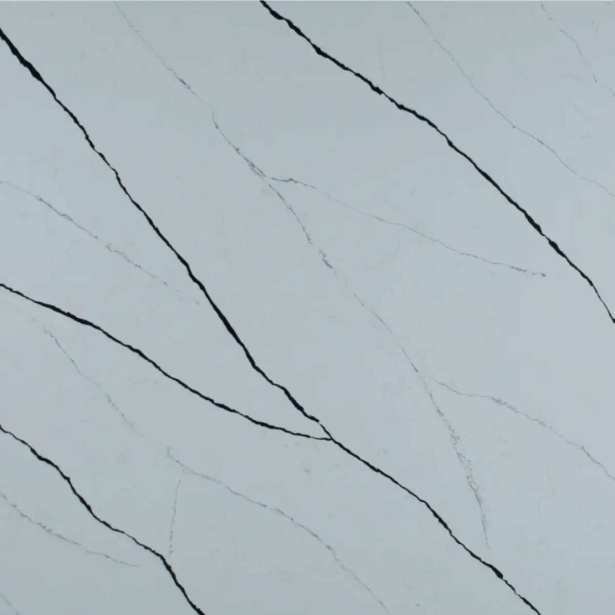 Calacatta Rainforest Black Quartz Stone engineered quartz slab, full slab on the rack at StoneX USA, West Allis WI