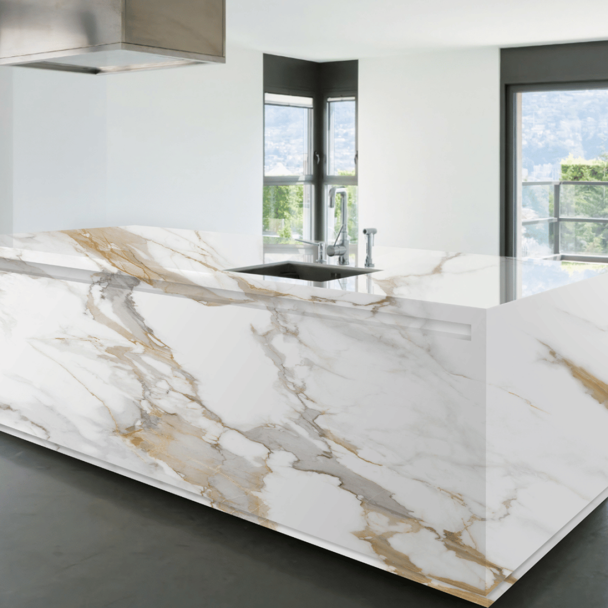 Calacatta Gold HD engineered quartz slab with warm gold veining on a white base, veining detail, StoneX USA slab gallery near Milwaukee